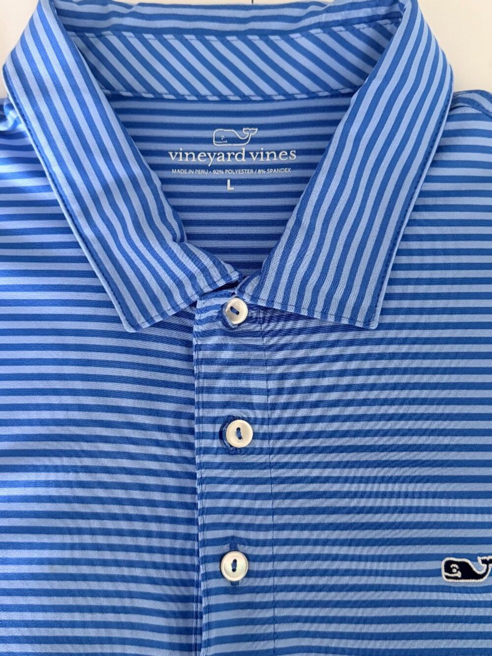 Vineyard Vines Polo Shirt Mens Large Blue Striped Performance Stretch Golf Logo